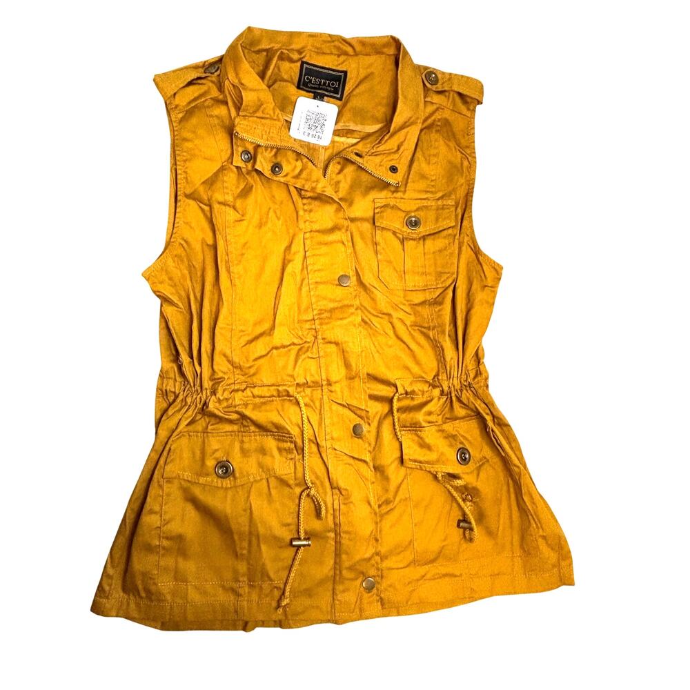 C'est'toi Mustard Yellow Utility Vest Womens L Drawstring Waist Boho NEW